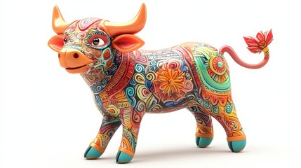 Colorful Decorated Bull Figure with Artistic Patterns and Designs