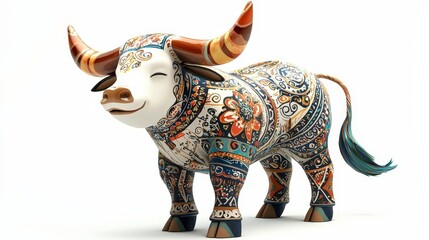 Colorful Decorative Bull Figure with Intricate Patterns and Textures