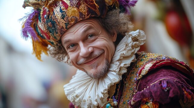 Renaissance man smiling, festival, street, costume, Italy