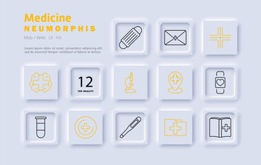 Medicine set icon. Bandage, prescription, medical cross, brain health, microscope, laboratory test, medical location, smart healthcare, hospital record, vaccination