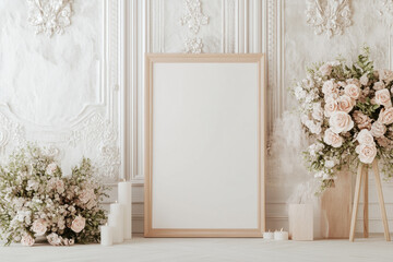 Wedding signage white blank mockup in a light wood frame standing at the center of whimsical wedding setup in regency architectural wall