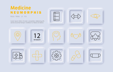 Medicine set icon. Healthcare location, hospital services, medical fitness, emergency response, eye care, ambulance, pills, respiratory mask, heart monitoring