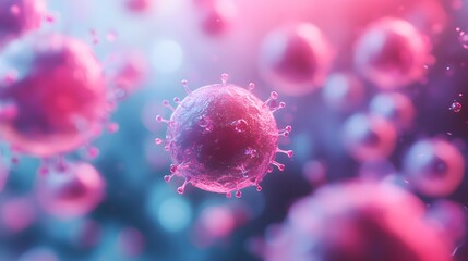 Pink coronavirus cell structure floats with detailed spikes against blurred backdrop, presenting scientific visualization in soft pink and blue molecular illustration.