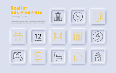 Realtor set icon. House, apartment, property value, residential buildings, electricity, plumbing, location, investment, interior, commercial real estate