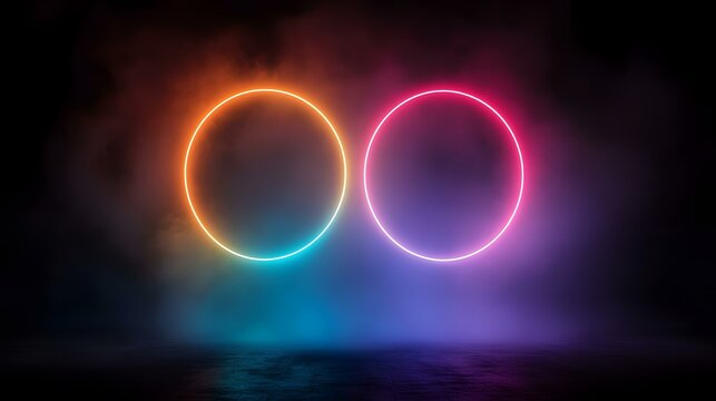 Two neon circles, one orange and one pink, glow against a dark, smoky background.