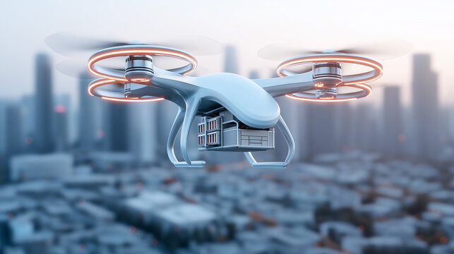 Futuristic drone delivery service navigates a modern city skyline, showcasing advanced design and high-tech features