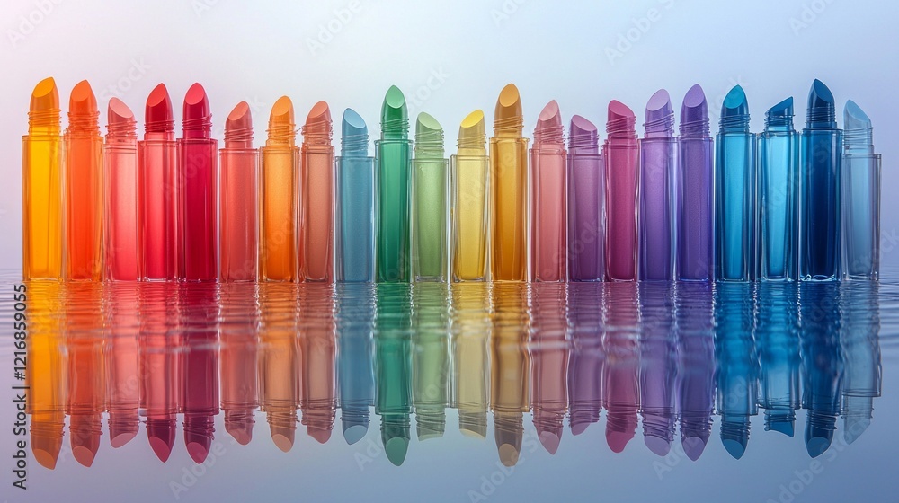 Poster stunning array of lipsticks in rainbow colors is showcased on smooth reflective surface.
