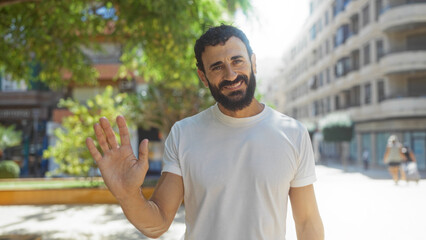 Handsome man smiling outdoors in a sunny urban park while waving, surrounded by trees and city buildings.