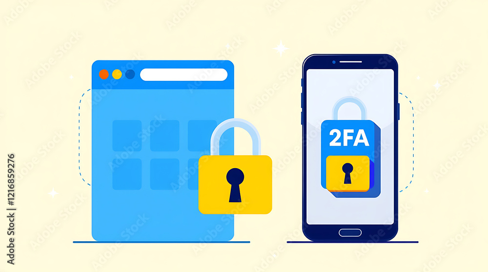 Poster two-factor authentication (2fa) security illustration: secure login process, online security, authen
