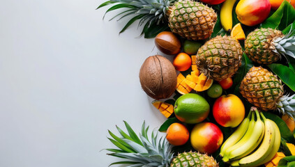 Fototapeta premium A fresh display of tropical fruits—pineapples, coconuts, mangoes, and bananas—surrounding a clean white background, bursting with color.