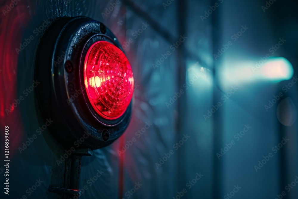 Poster red warning light is blinking on a wall in the dark, creating a sense of urgency and danger