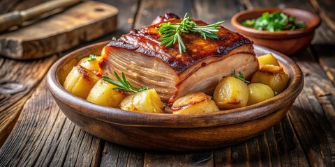 A close-up shot of a roasted pork belly with caramelized skin and a side of boiled potatoes in a rustic wooden bowl , entenbrust, potatoes