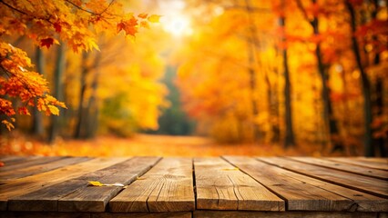 Autumn Product Display: Wooden Tabletop with Blurred Forest & Falling Leaves - September Background