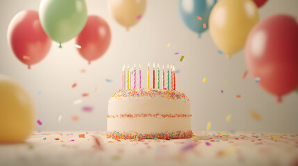 A lively birthday party scene featuring colorful balloons in various shapes and sizes floating around the room. Streamers hang from the ceiling, and bright confetti is scattered across the floor and