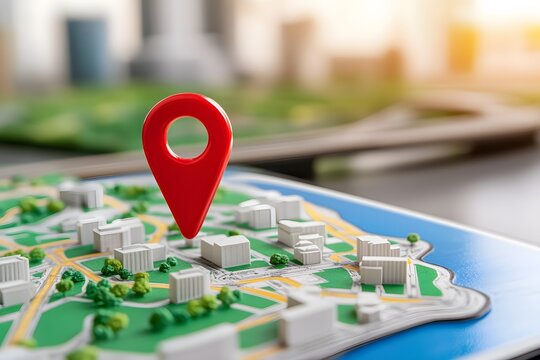 A map with a red pin pointing to the city center, surrounded by buildings and rivers. The background is a blurred view showing other cities and roads