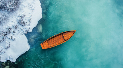 Obraz premium Wooden Boat Floating on Icy Turquoise River with Snowy Shores, Top View
