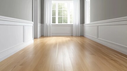 Fototapeta premium Sunlight floods a spacious room with white walls and wood flooring, highlighting architectural details and creating soft shadows