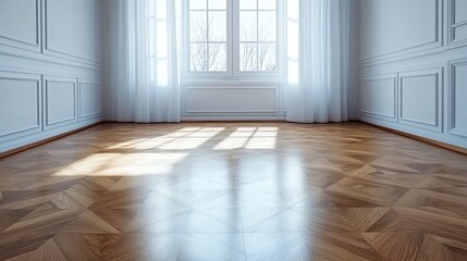 Fototapeta premium Sunlight floods a spacious room with white walls and wood flooring, highlighting architectural details and creating soft shadows