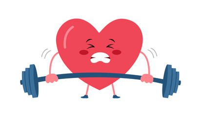 Unhealthy heart cartoon character with dumbbell in flat design on white background.