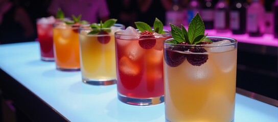 Vibrant fruit cocktail creations adorn a nightclubs bar
