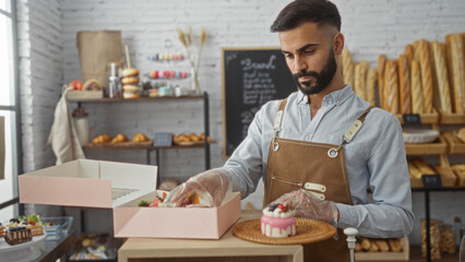 Young hispanic man arranging pastries in a bakery shop, showcasing his dedication and skill in preparing delicious treats