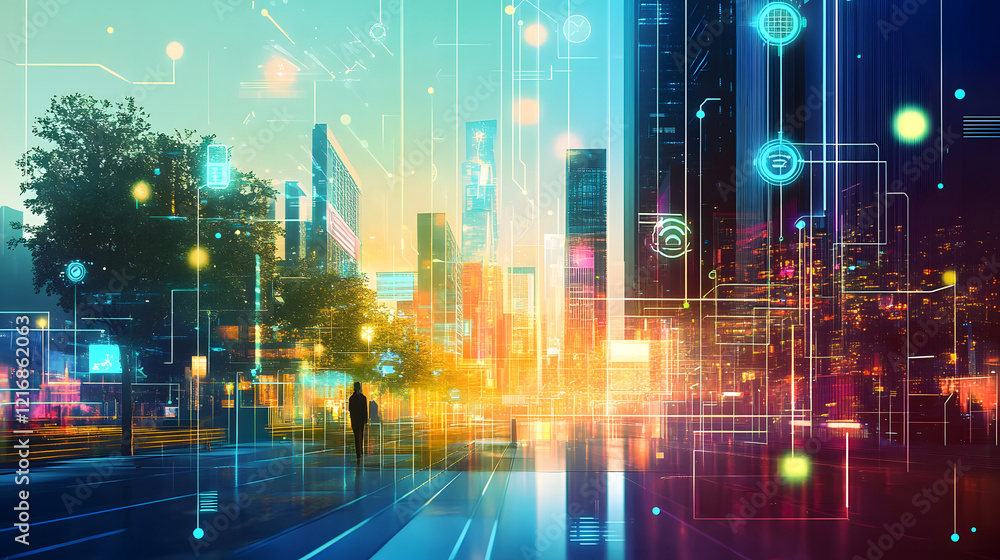 Aufkleber ai driven smart city governance depicted an abstract design where artificial intelligence analyzes c