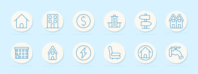 Real estate set icon. House, apartment, money, skyscraper, navigation, duplex, hotel, cottage, energy, furniture, property, plumbing