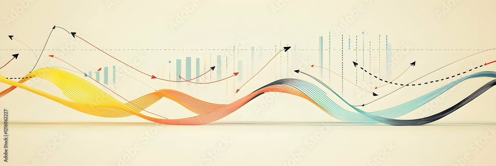 Poster a dynamic graph illustrating parallel growth and decline with arrows and lines on a neutral solid ba