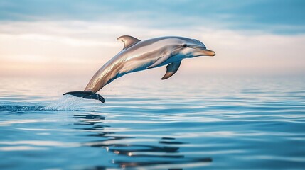 Fototapeta premium Dolphin leaping from ocean at sunset.