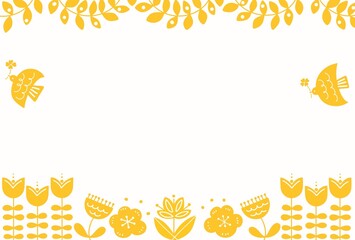 北欧スタイル葉っぱと花のフレームポストカード（黄色）