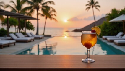 Exotic beach sunset artisanal cocktails served at an infinity pool bar overlooking the ocean and palm silhouette exuding a luxurious resort vibe