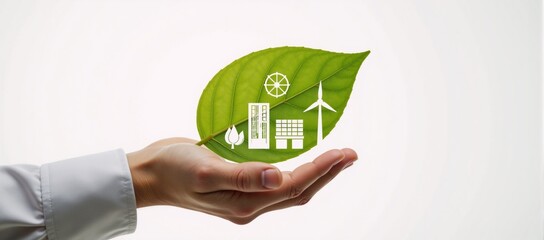 A hand clutching a leaf symbolizes renewable energy sources for ecological sustainability