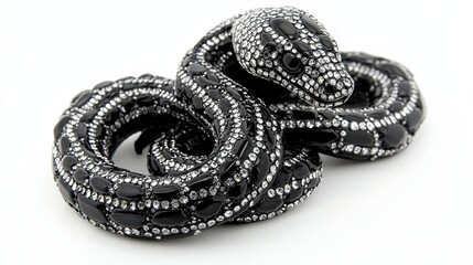 Elegant Black and Silver Sparkling Snake Figurine on White Background