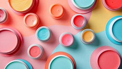 Assortment of Vibrant Lip Balms and Cosmetic Creams in Colorful Containers on Pastel Background