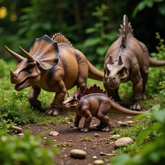 Fototapeta premium Detailed dinosaur illustration featuring Triceratops Stegosaurus and Ankylosaurus showcasing their scaly skin sharp horns and protective spikes surrounded by realistic leaves and stones