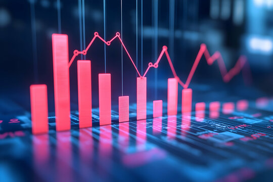 A stylized downward graph with decreasing bars and negative growth indicators