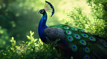 Naklejka premium Majestic Male Peacock Displaying Colorful Iridescent Feathers in Lush Tropical Garden