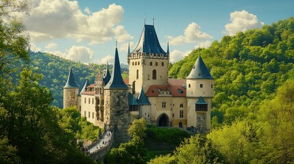 Fototapeta premium Majestic Hilltop Castle, Green Forest, Sunny Day, Tourists Approaching