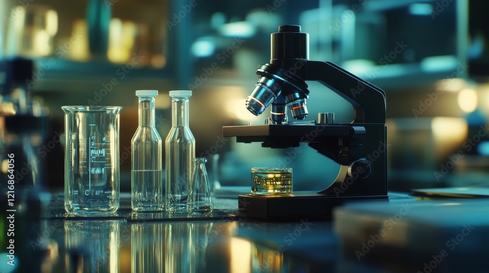 Poster high-resolution microscope with laboratory glassware showcasing advanced science research and develo