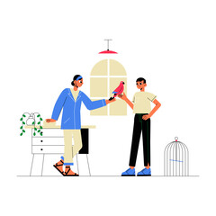 Bird Owner With Parrot In Flat Vector Illustration Symbolizing Pet Bonding, Animal Training, And Home Environment, Isolated On White Background