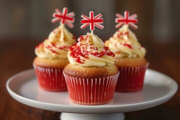 Three delicious cupcakes with union jack flags are displayed on a white cake stand