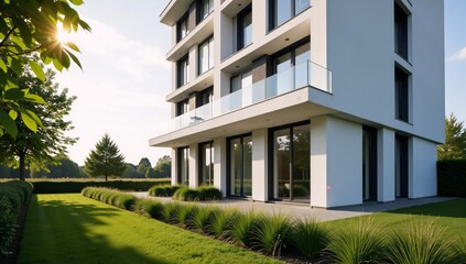 Obraz premium Futuristic Finnish condo showcasing eco-friendly living through energy-efficient windows viewed from the sidewalk