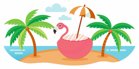 Fun Tropical Flamingo Coconut Drink Illustration: Perfect Summer Beach Vibes.