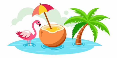 Tropical Summer Illustration: Coconut Drink, Flamingo, and Palm Tree Paradise.