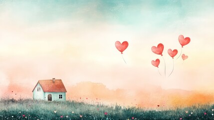 Fototapeta premium Lonely house on the hill and heart-shaped balloons. Watercolor dreamy landscape. Valentines Day background