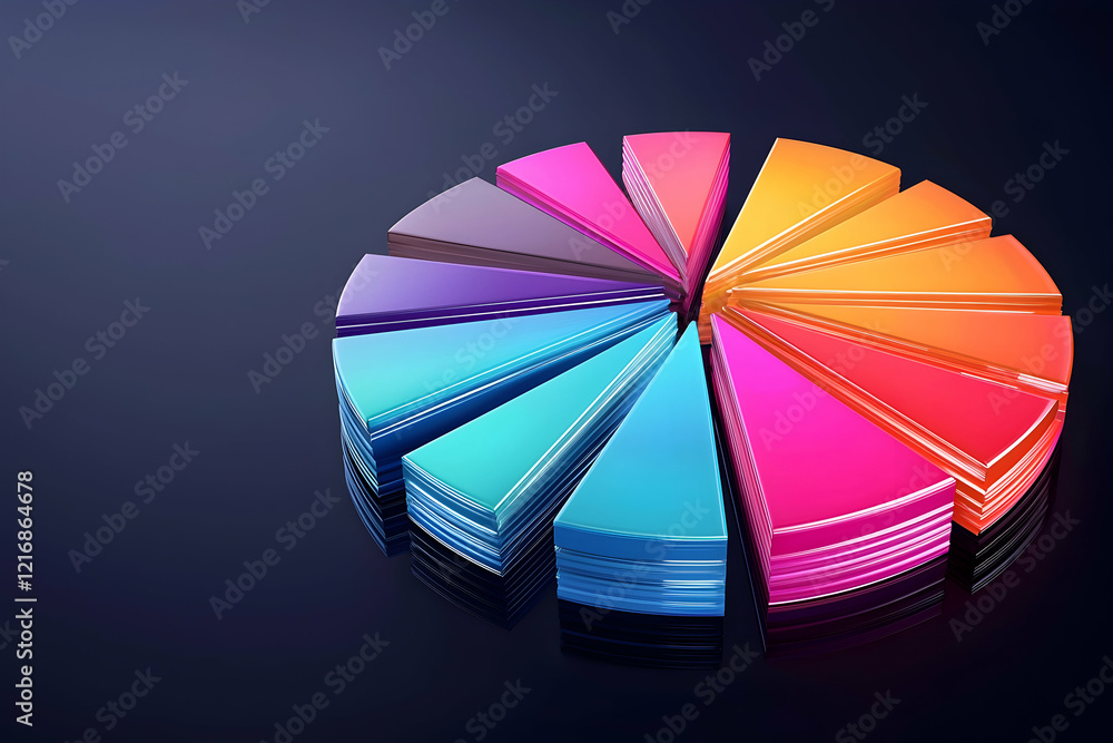 Poster artistic abstract pie chart with overlapping elements and vibrant colors on a dark solid background