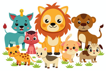 Cute animal set with farm and wild character. Cat and lion, elephant. Adorable Animal Character Illustration Set: Farm and Wild Animals for Kids.