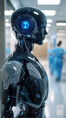 Ai robot in modern hospital corridor with medical staff silhouettes