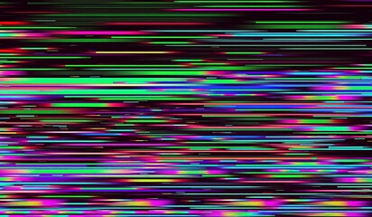Abstract, glitchy digital noise with colorful lines and shapes on a white background.