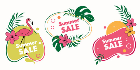 Set of Summer sale banner template. Liquid abstract geometric bubble with tropic flowers, flamingo. Tropical background and backdrop, Promo badge for seasonal offer, promotion, advertising. 